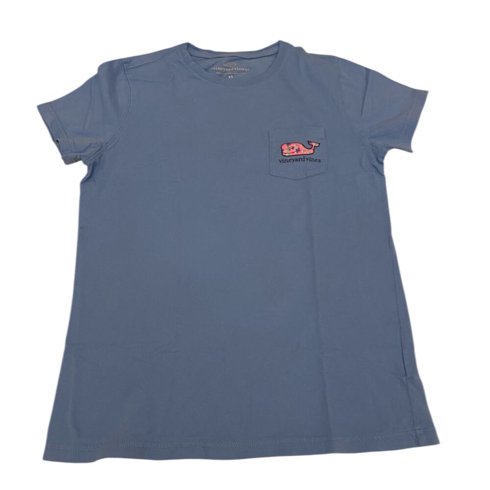 Vineyard Vines Shirt Women XS Blue Blue Pocket Tee Tropical Whale Spell Out Logo